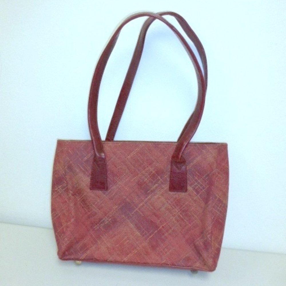 Sarah Shaw red leather + fabric tote bag